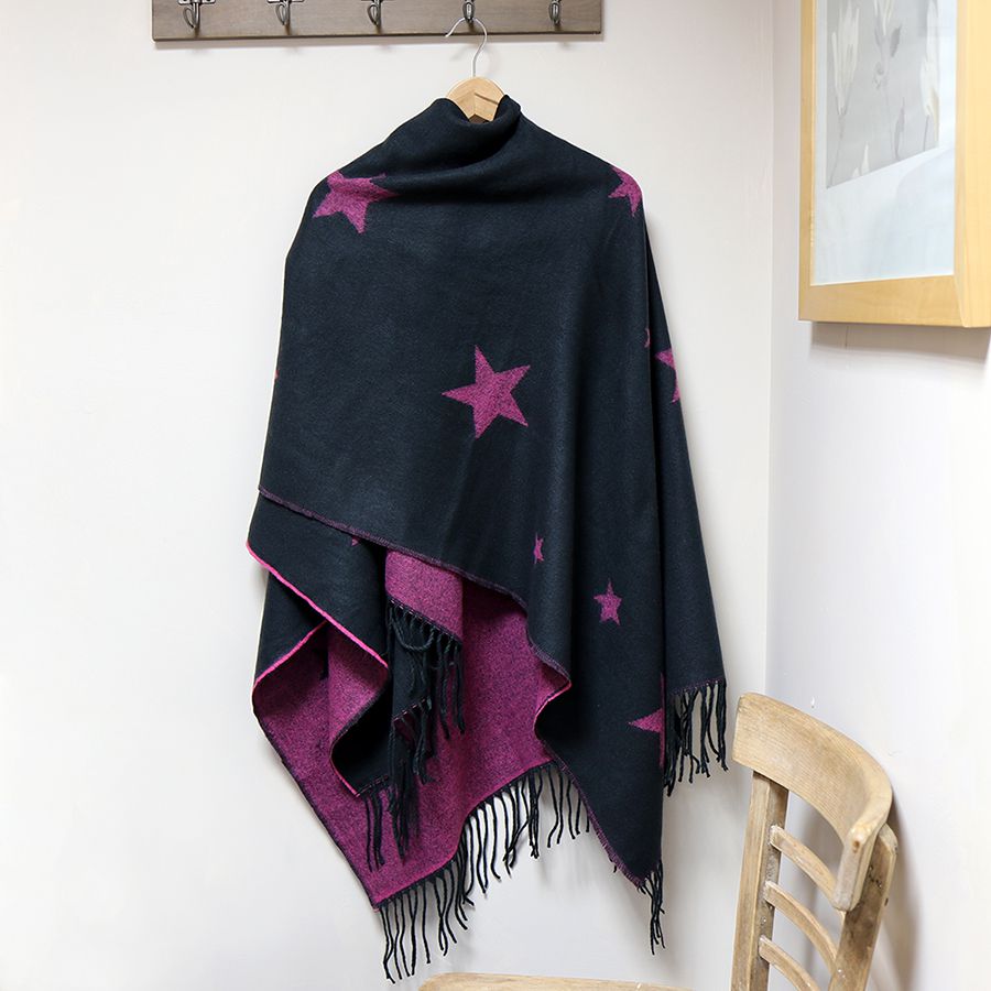 Navy & Pink Reversible Star Fringed Poncho Wrap