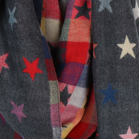 Grey Reversible Multicoloured Star & Check Scarf