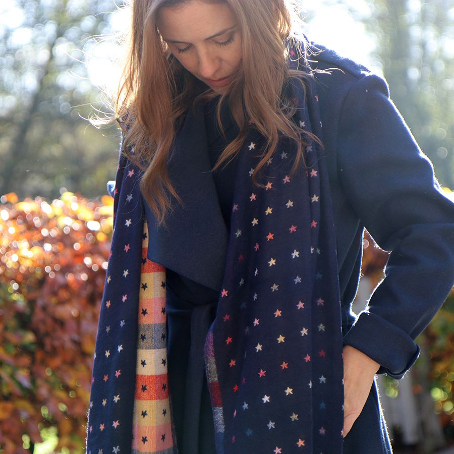 Blue Navy Reversible Multicoloured Star & Check Scarf