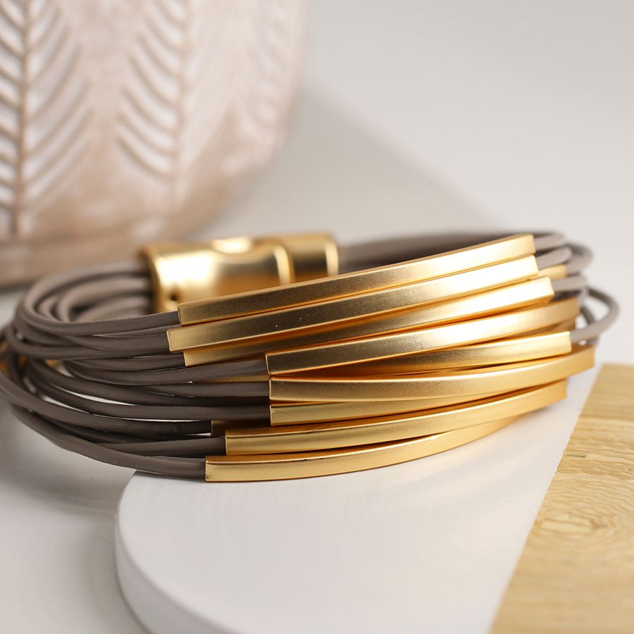 Taupe Multi Strand Leather & Gold Bars Bracelet