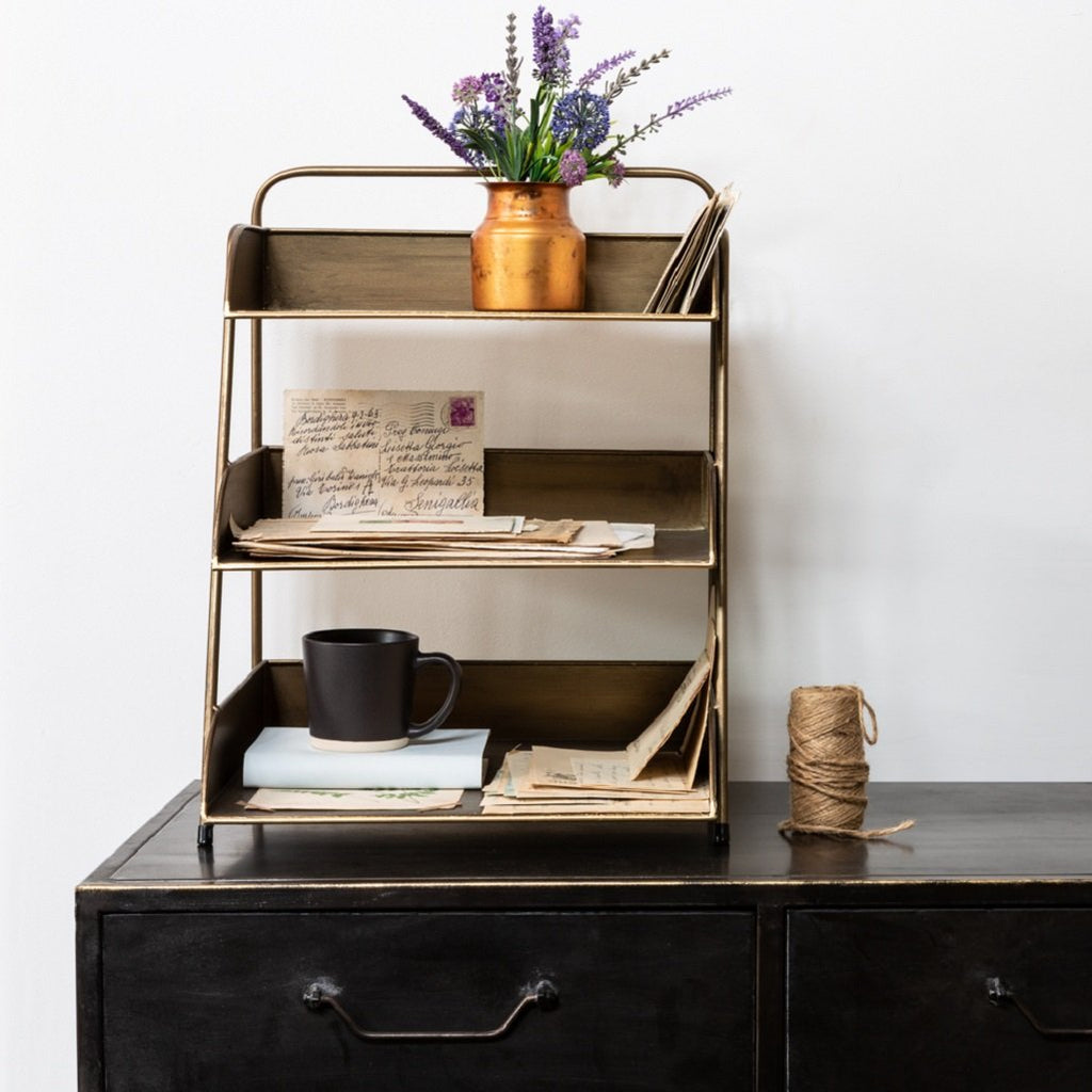 Large Three Tier Antique Brass Desk Tidy