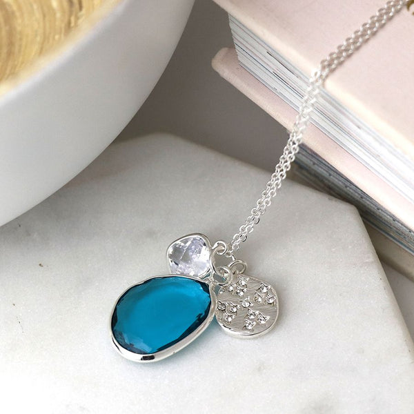 Silver Plated Blue Crystal Pendant Necklace