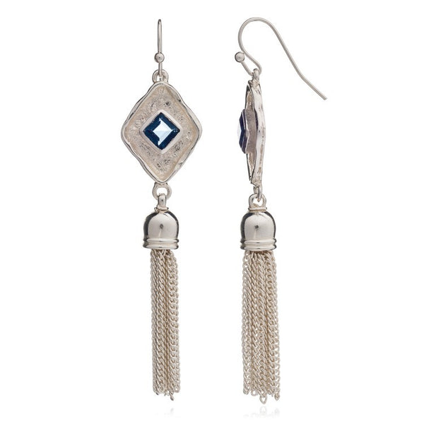 Blue Iolite Silver Diamond Tassel Earrings