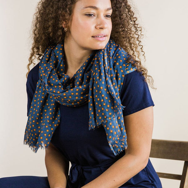 Navy Cotton Scarf With Orange Star Print