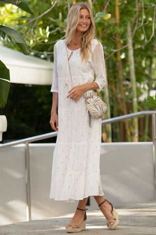 White Crystal Organic Cotton Embroidered Midi Dress