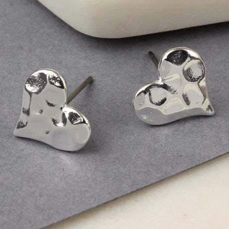 Silver Plated Textured Heart Stud Earrings