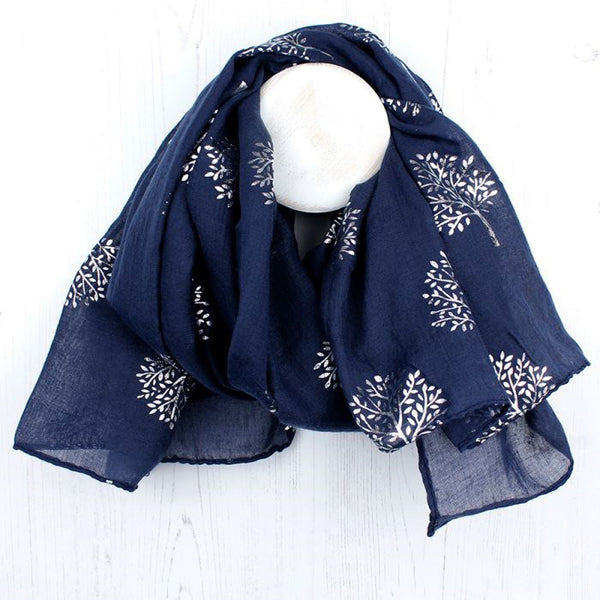 Navy Blue & Metallic Silver Print Scarf