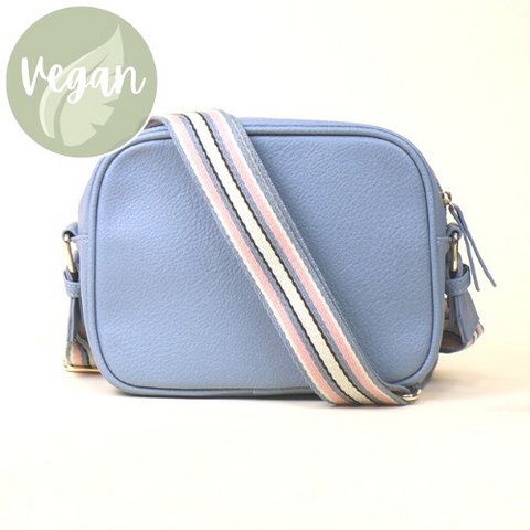 Pale Blue Vegan Leather Crossbody Bag With Striped Strap