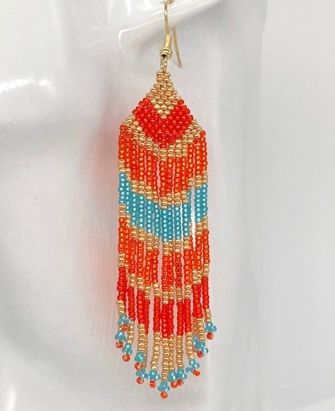 Orange Blue & Gold Stripe Beaded Earrings