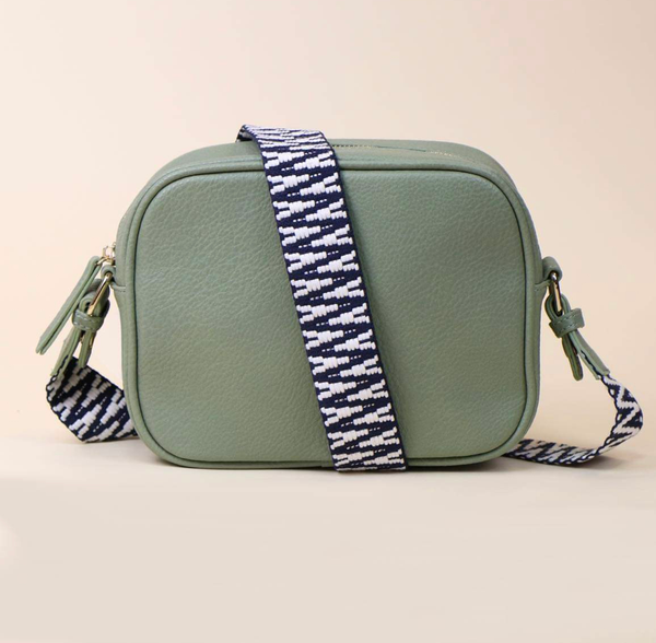 Sage Green Vegan Leather Crossbody Bag With Striped Strap