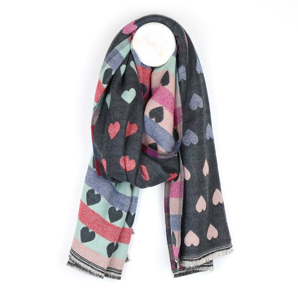 Grey & Pastel Reversible Multicoloured Heart & Check Scarf