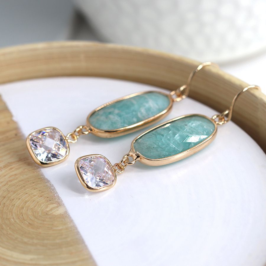 Gold, Aqua & Crystal Drop Earrings