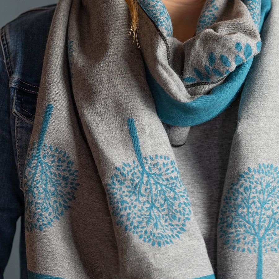 Teal and Grey Reversible Jacquard Tree Scarf