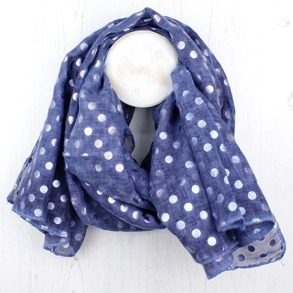 Washed Denim Blue Scarf With Metallic Silver Polka Dot Print