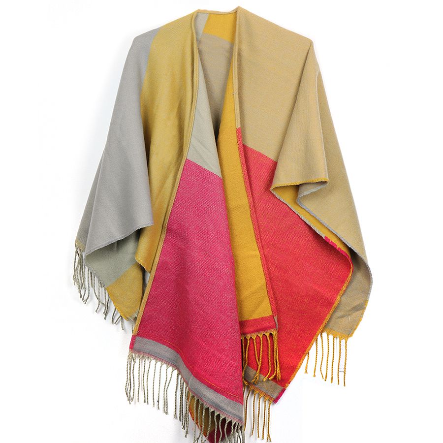 Mustard Mix Colour Block Fringed Poncho Wrap