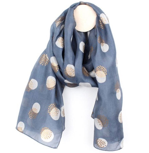 Blue Grey And Gold Spotted Hand Printed Silk Scarf