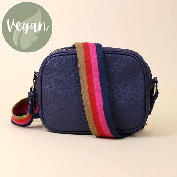 Navy Vegan Leather Crossbody Bag With Striped Strap