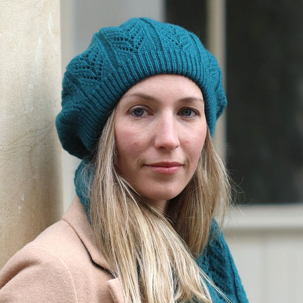 Teal Pointelle Chevron Knitted Beret