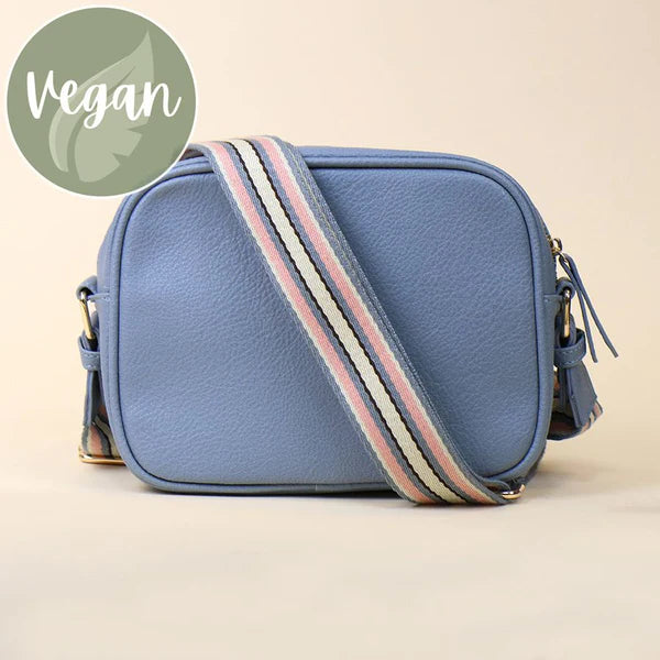 Pale Blue Vegan Leather Crossbody Bag With Striped Strap