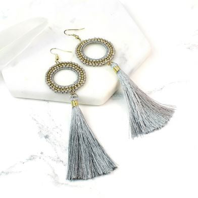 Grey Bead Tassel Earrings