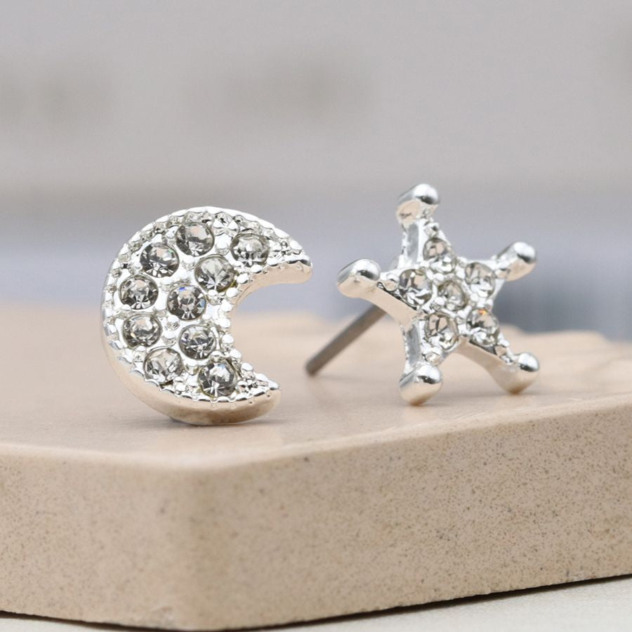 Silver Plated Star & Moon Stud Earrings