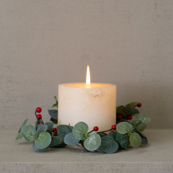 Faux Red Berry and Eucalyptus Candle Ring