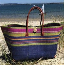 Blue Striped Raffia Beach Basket
