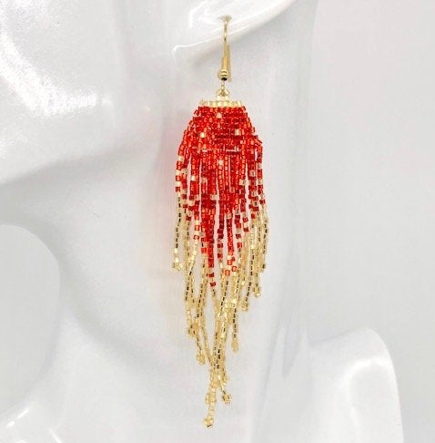 Red & Gold Shimmer Beaded Earrings