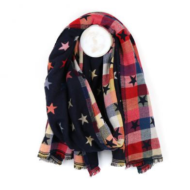 Blue Navy Reversible Multicoloured Star & Check Scarf