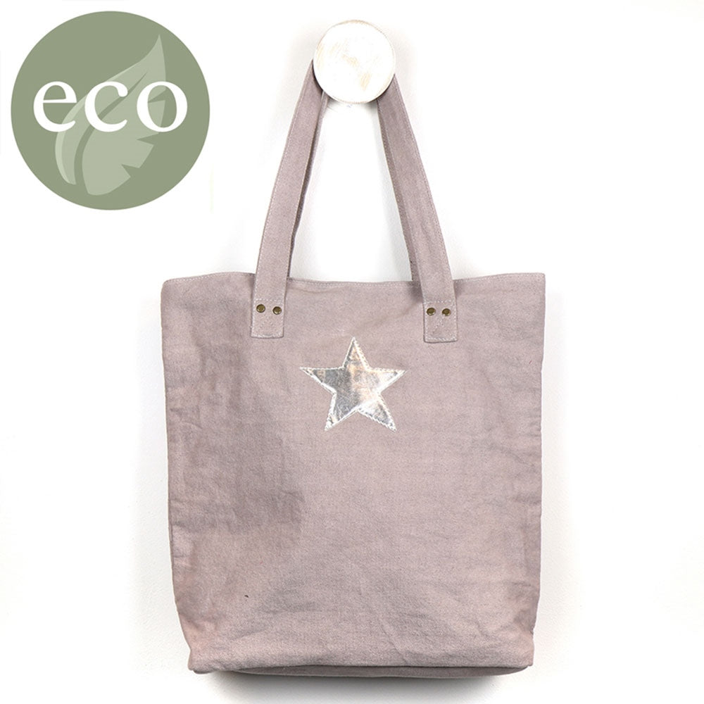 Grey Cotton Tote Bag With Silver Star