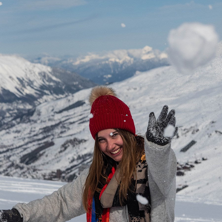 Deep Red Cable Knit Faux Fur Bobble Hat