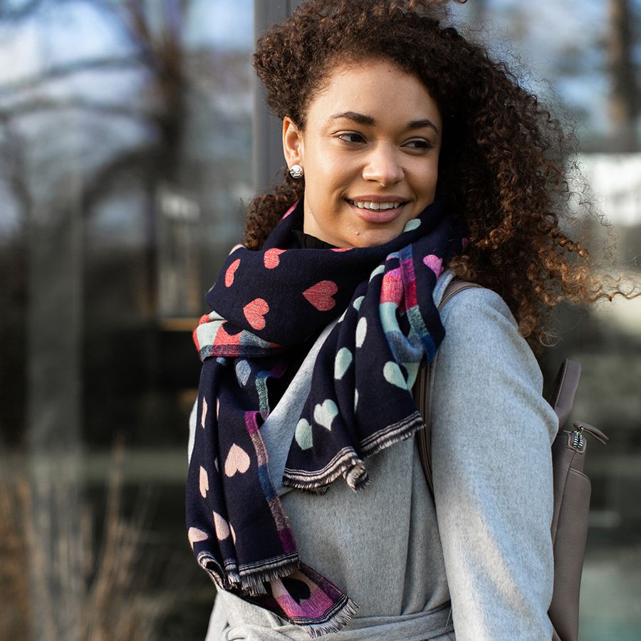 Navy Reversible Multicoloured Pastel Heart & Check Scarf