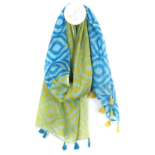 Lime Green & Blue Ikat Diamond Print Cotton Scarf