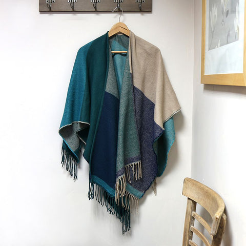 Blue Mix Colour Block Fringed Poncho Wrap