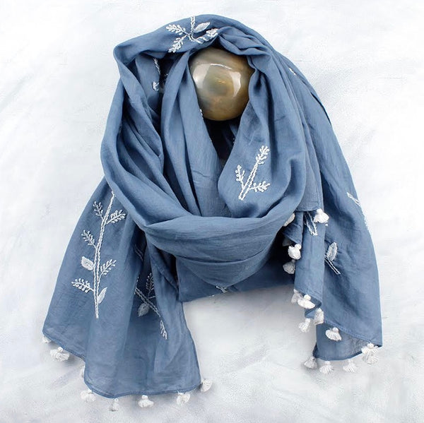 Blue Cotton Hand Embroidered Tassel Scarf