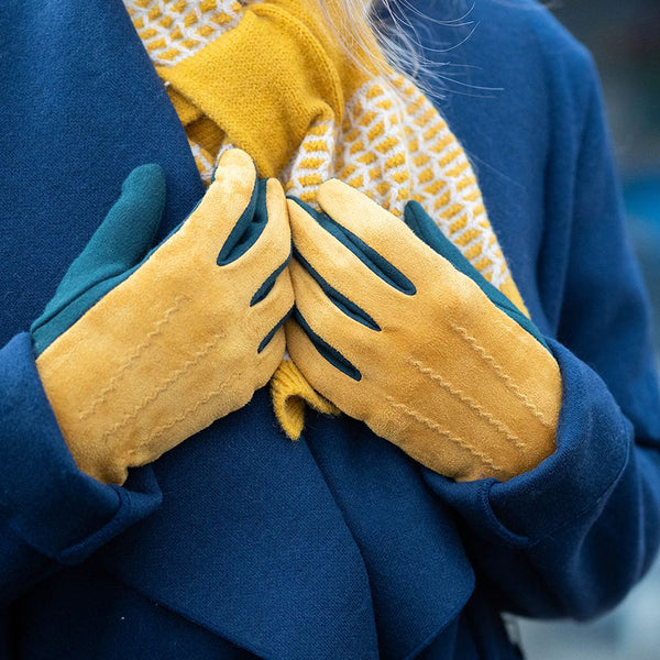 Mustard & Grey Faux Suede Gloves