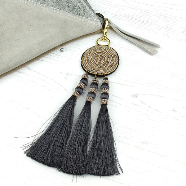 Taupe & Grey Beaded Bag Charm With Tassels