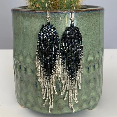 Iridescent Peacock & Silver Beaded Earrings