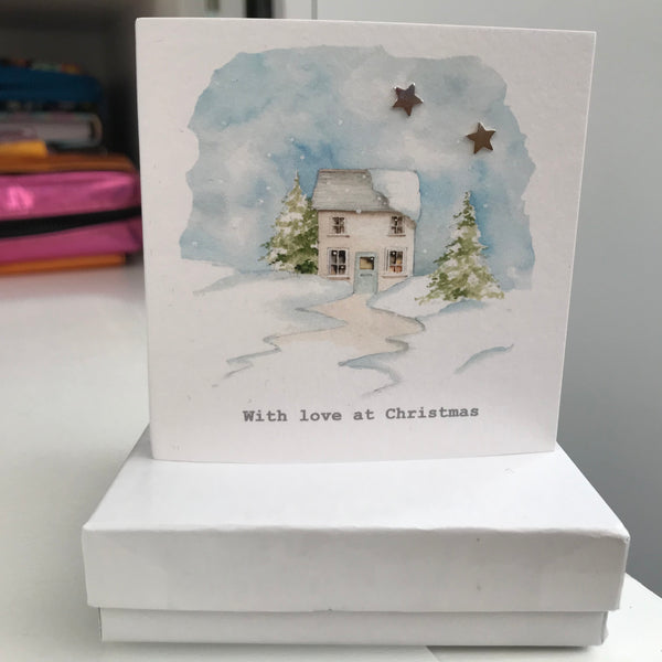 Boxed Christmas House Silver Earring Card