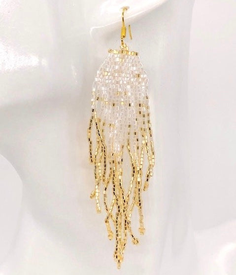 Iridescent White & Gold Beaded Earrings
