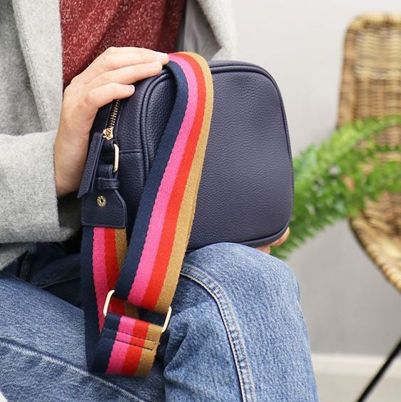 POM, Navy Vegan Leather Crossbody Bag With Striped Strap