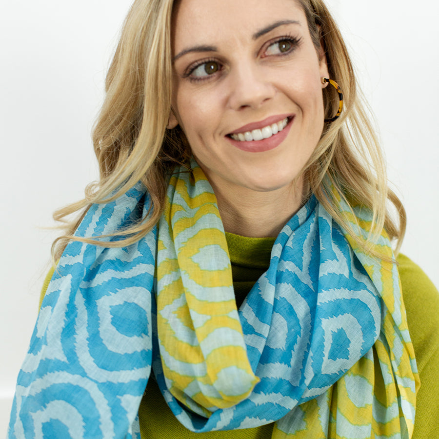 Lime Green & Blue Ikat Diamond Print Cotton Scarf