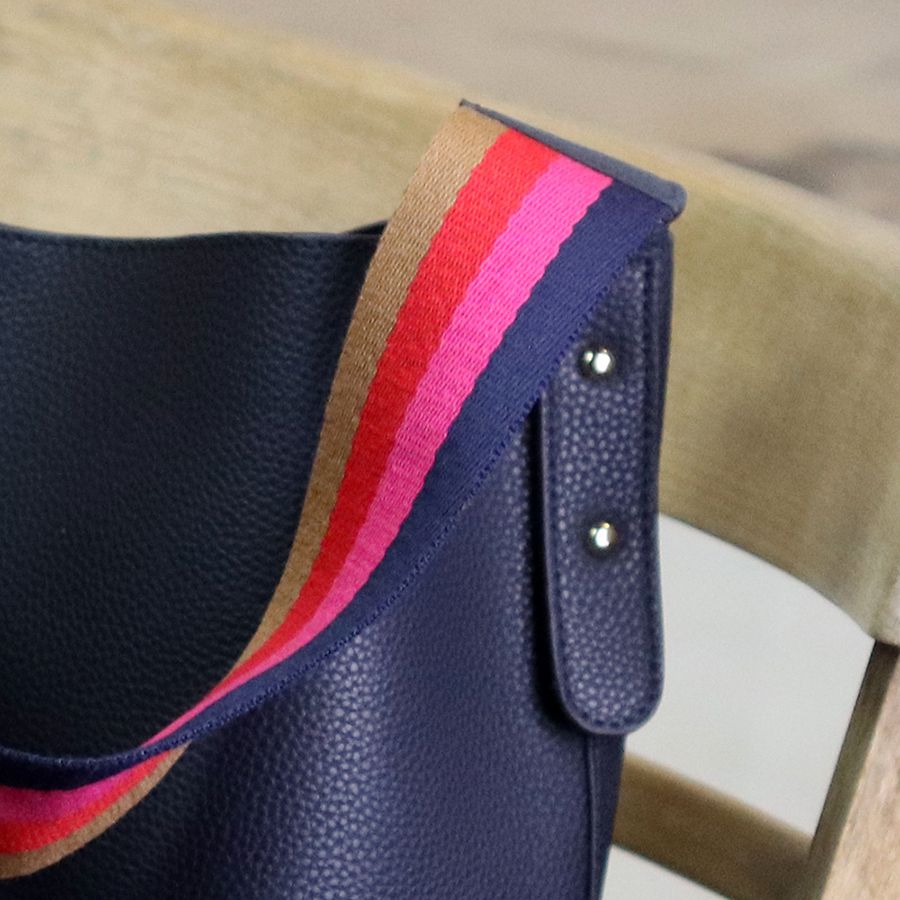 Navy Vegan Leather Shoulder Bag With Striped Strap
