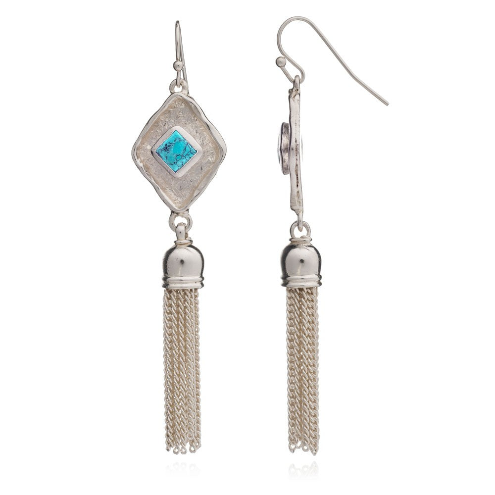 Turquoise Silver Diamond Tassel Earrings