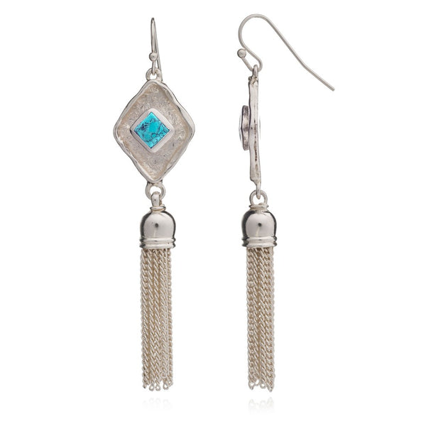 Turquoise Silver Diamond Tassel Earrings