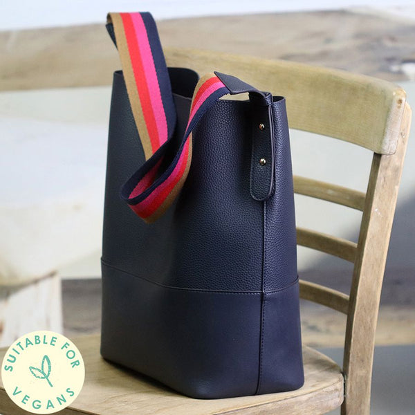 Navy Vegan Leather Shoulder Bag With Striped Strap