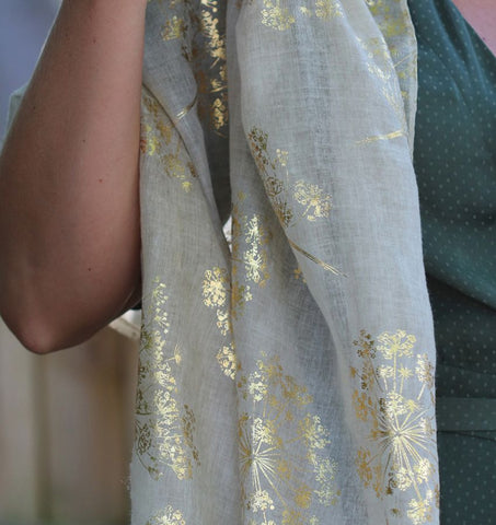 Neutral Scarf with Gold Foil Cow Parsley Print