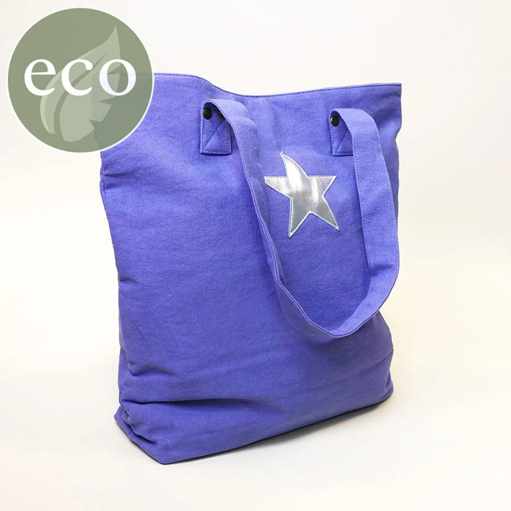 Blue Cotton Tote Bag With Silver Star