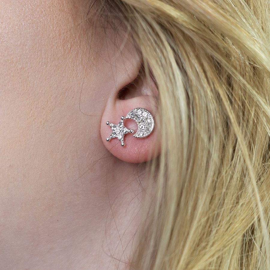 Silver Plated Star & Moon Stud Earrings