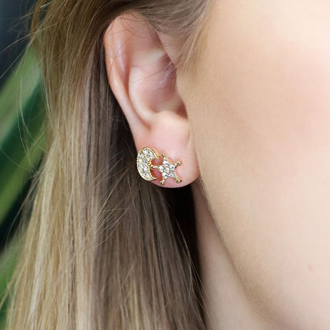 Gold Star & Moon Crystal Stud Earrings